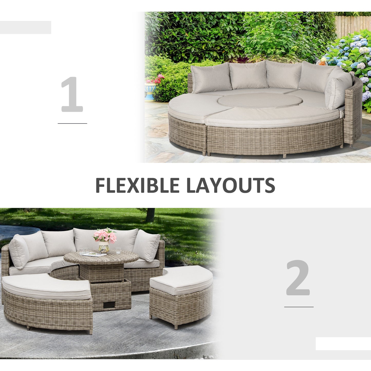 Outsunny 6-Seater Outdoor PE Rattan Patio Furniture Set Lounge Chair Round Daybed Liftable Coffee Table Conversation Set w/ Olefin Cushion, Grey