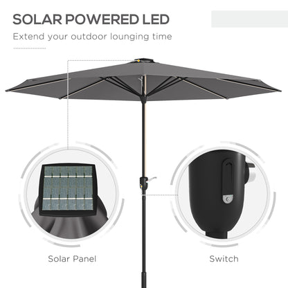 Outsunny Patio Parasol with Solar-Powered LED Lights, Crank Handle Outdoor Umbrella, Charcoal Grey