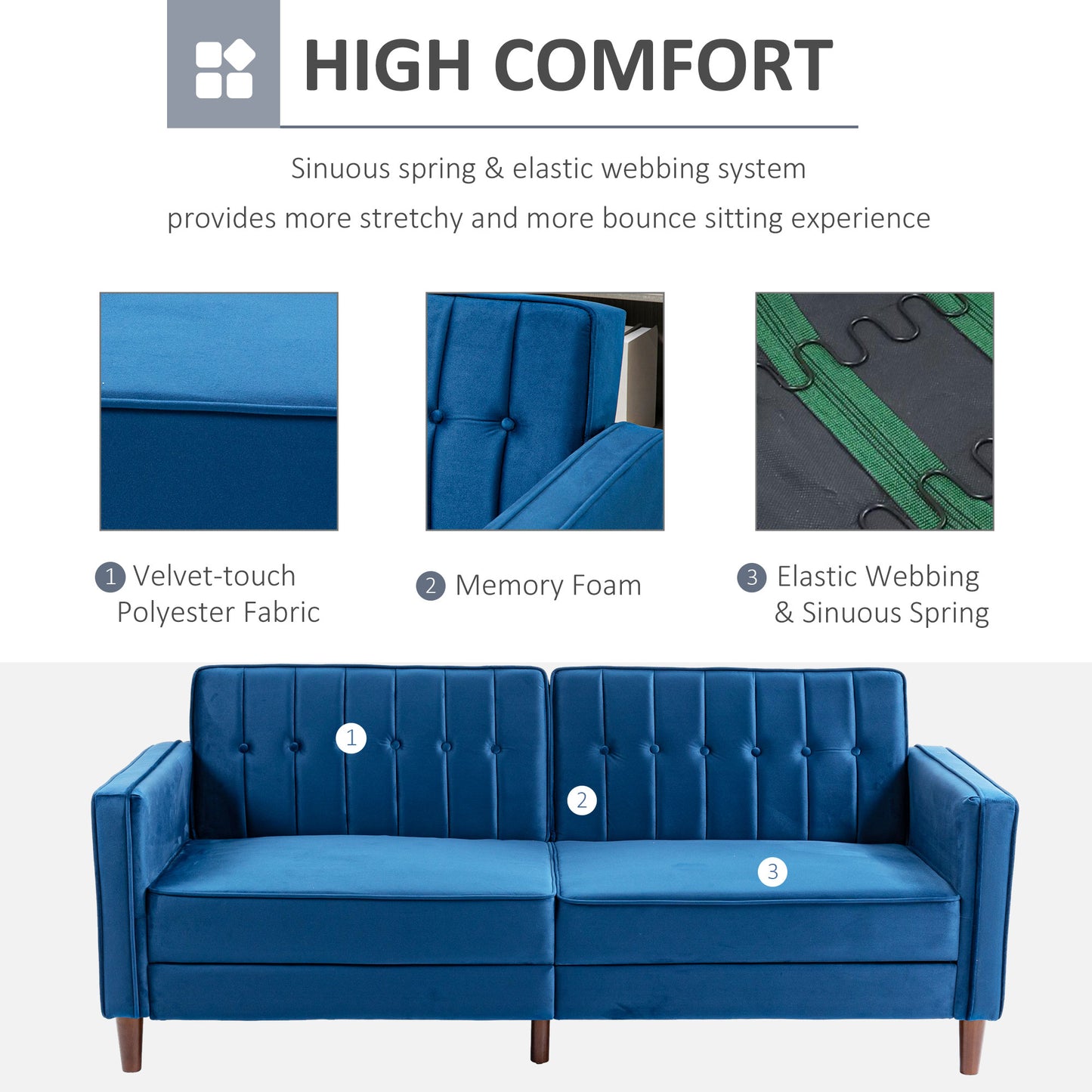HOMCOM Modern Convertible Sofa Futon Velvet-Touch Tufted Couch Compact Loveseat with Adjustable Split Back, Blue