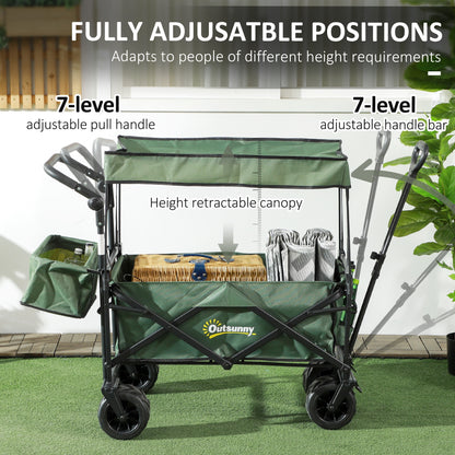 Outsunny Folding Trolley Cart Storage Wagon Beach Trailer 4 Wheels with Handle Overhead Canopy Cart Push Pull for Camping, Green