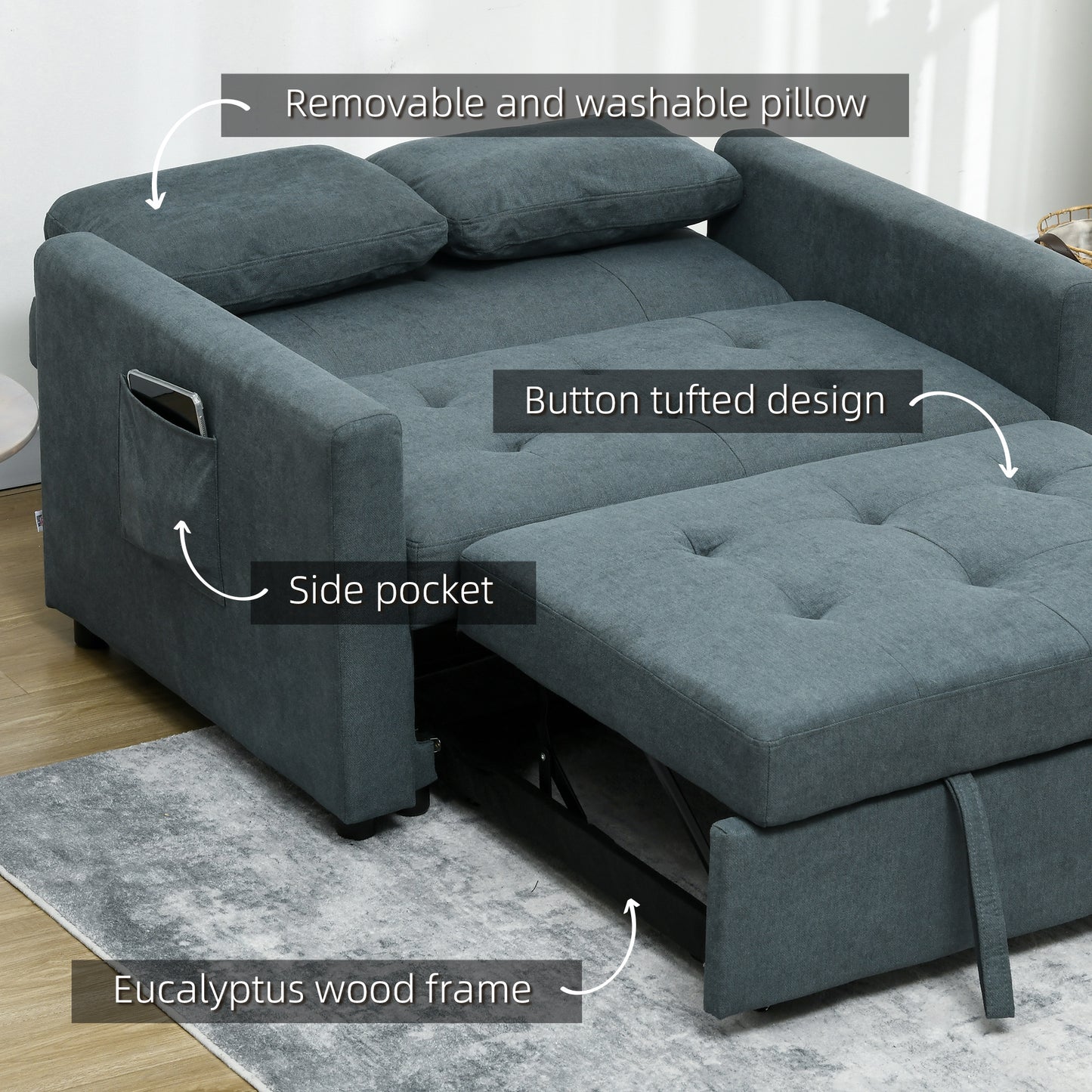 HOMCOM Loveseat Sofa Bed, Convertible Bed Settee with 2 Cushions, Side Pockets for Living Room, Charcoal Grey