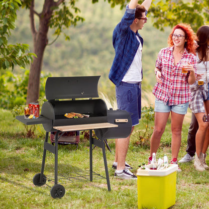 Outsunny Charcoal Barbecue Grill Garden Portable BBQ  Trolley w/ Offset Smoker Combo, Handy Shelves and On-lid Thermometer