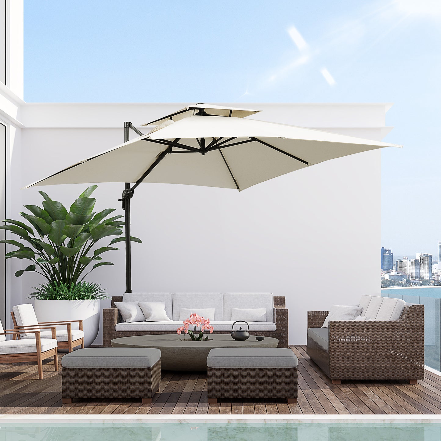Outsunny 3 x 3(m) Garden Cantilever Parasol with Crank and Tilt, Square Overhanging Patio Umbrella with 360° Rotation, Base Weights and Cover, Beige