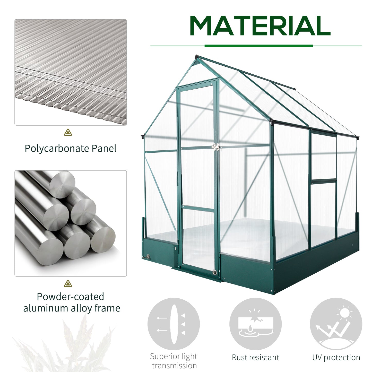 Outsunny Garden Walk-in Aluminium Greenhouse Polycarbonate with Plant Bed ,Temperature Controlled Window, Foundation, 6 x 6ft