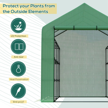 Outsunny Poly Tunnel Steeple Walk in Garden Greenhouse with Removable Cover Shelves - Green 244 x 180 x 210cm