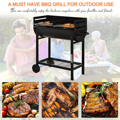 Outsunny Charcoal Barbecue Grill Garden BBQ Trolley w/ Dual Grill, Adjustable Grill Nets, Heat-resistant Steel, Wheels, Black