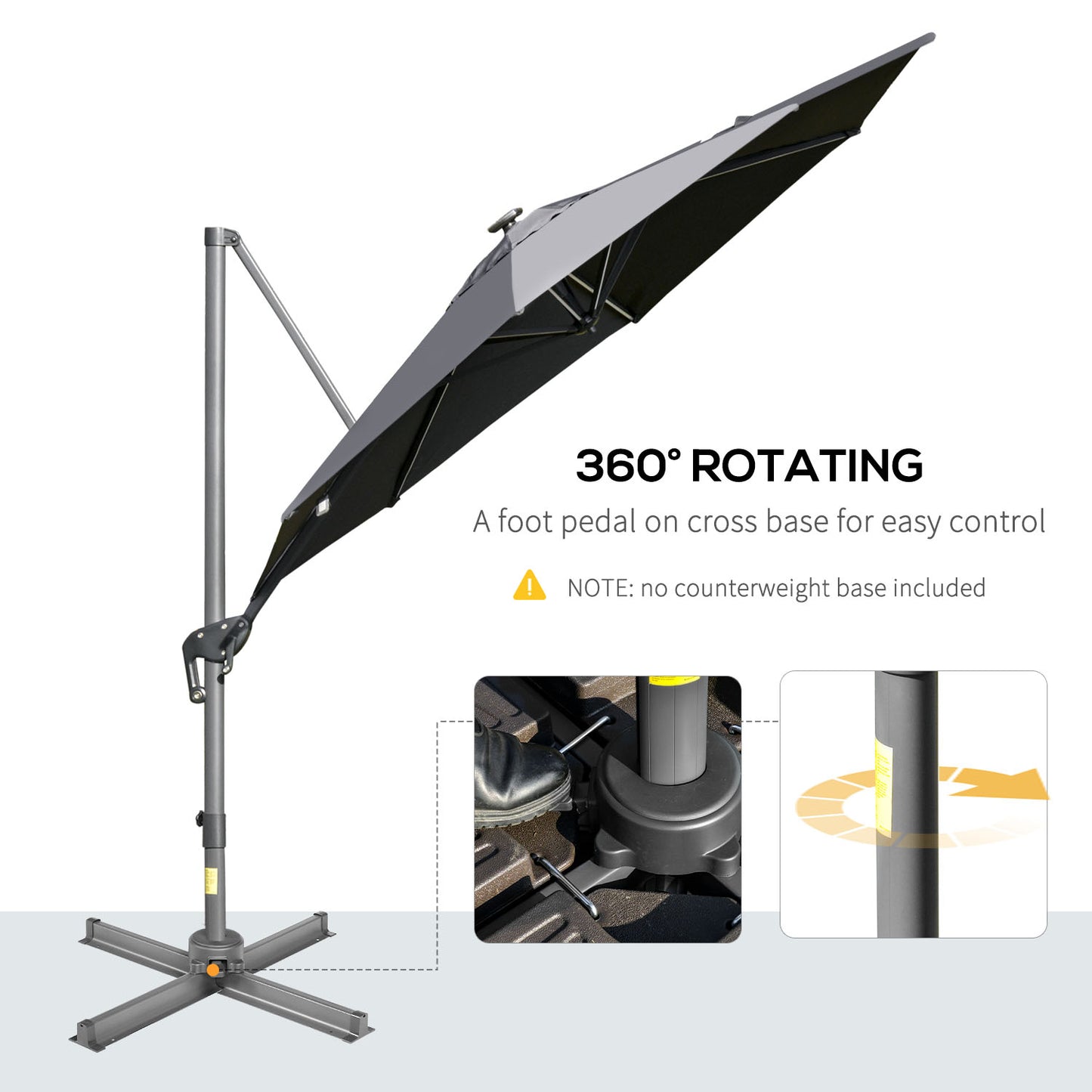 Outsunny Cantilever Parasol: 3m Adjustable Roma Garden Umbrella with Solar LED Light, Rotating, Grey