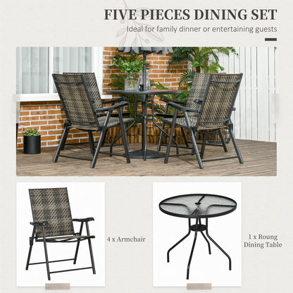 Outsunny 5 Pieces PE Rattan Table and Chairs, Round Glass Top Table with Umbrella Hole, Folding Armchair for Outdoor & Garden, Mixed Grey | Aosom UK