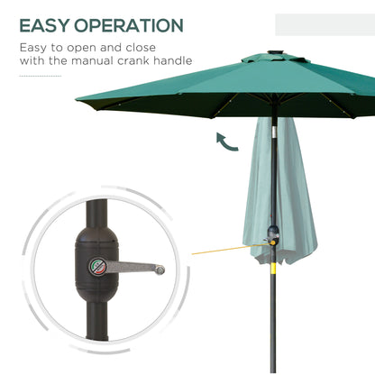 Outsunny LED Patio Parasol: 2.7m Tilting Umbrella with Crank & 8 Ribs, Green