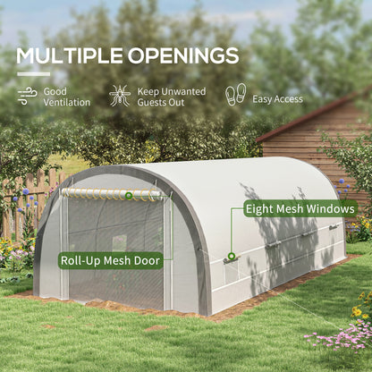 Outsunny 6 x 3(m) Polytunnel Greenhouse with Upgraded Structure, Mesh Door and Windows, 15 Plant Labels, White
