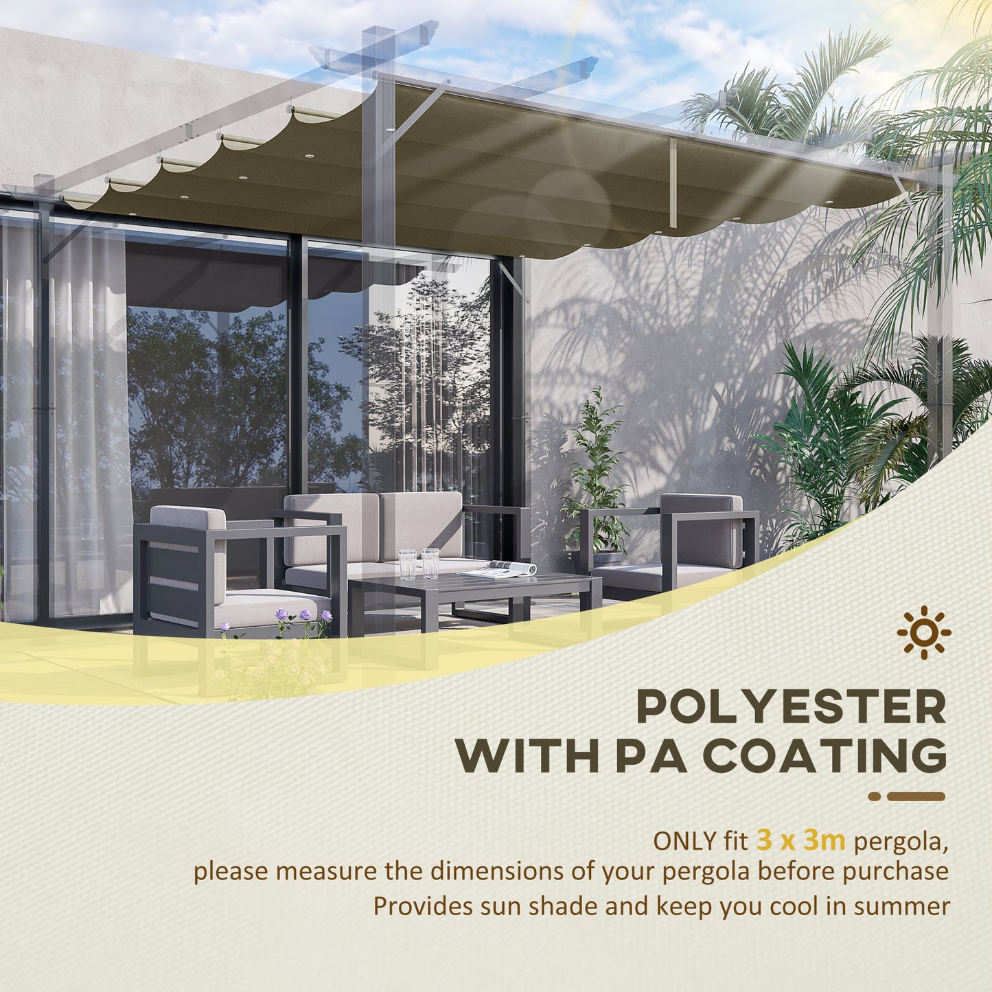 Outsunny Retractable Pergola Shade Cover, Replacement Canopy Fabric for 3 x 3 (m) Pergola, Gazebo Retractable Roof, Tan