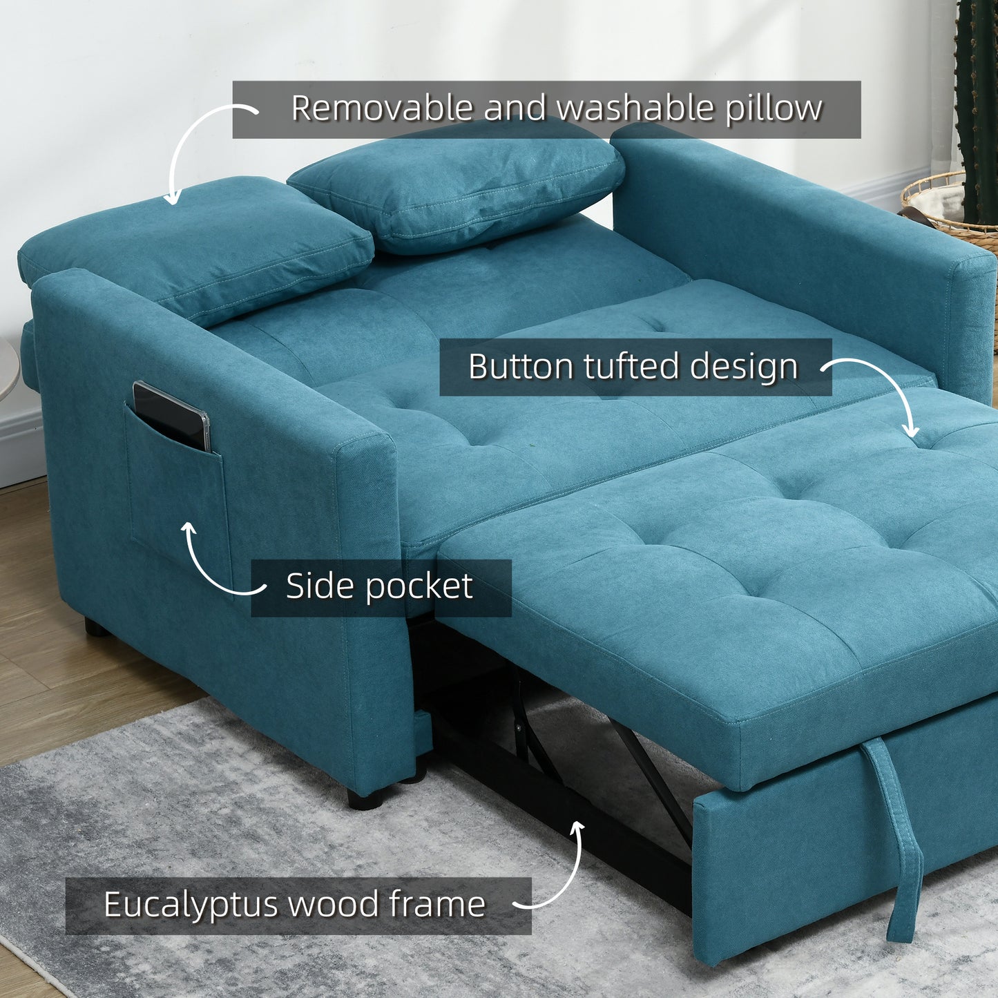 HOMCOM Loveseat Sofa Bed, Convertible Bed Settee with 2 Cushions, Side Pockets for Living Room, Blue