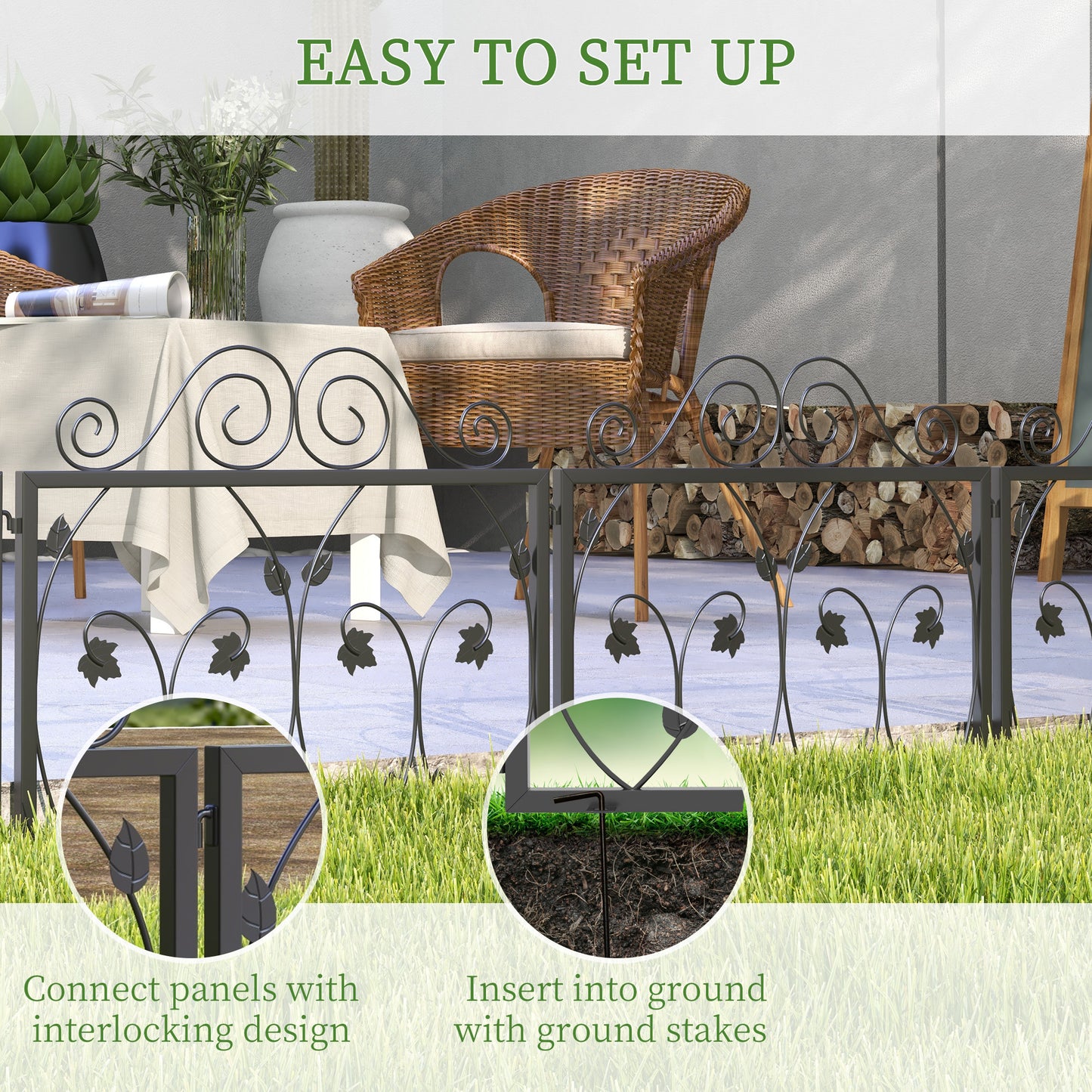 Outsunny Garden Fencing: 4-Pack Metal Wire Borders with Scroll Flower Design, Black Animal Barrier
