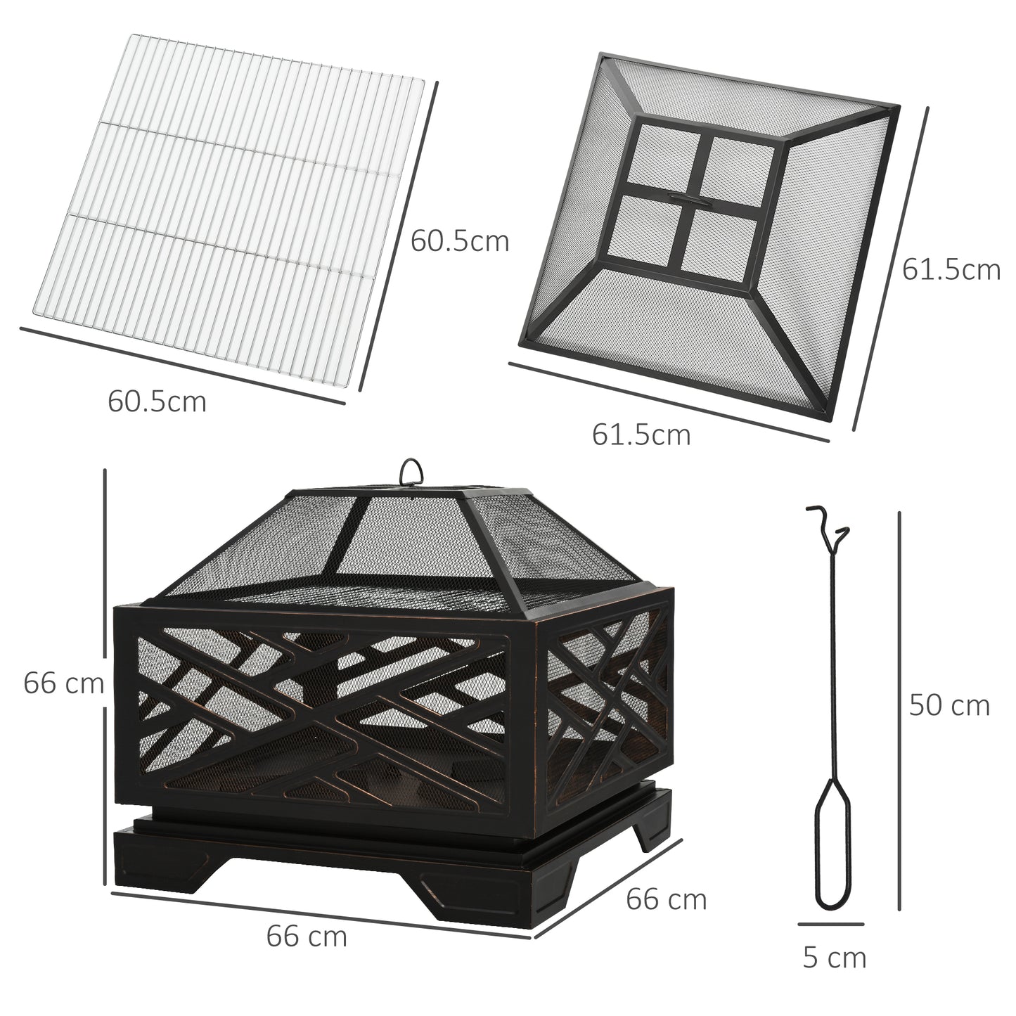 Outsunny 66cm 2 in 1 Square Fire Pit Metal Brazier for Garden, Patio with BBQ Grill Shelf & Spark Screen Cover & Poker, Black