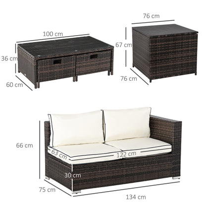 Outsunny 4-Seater Rattan Garden Furniture Patio Sofa Set Storage & Table Set w/ 2 Drawers Coffee Table & Corner Sofa, Brown