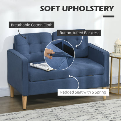 HOMCOM Modern Loveseat Sofa, Compact 2 Seater Sofa with Hidden Storage, 117cm Tufted Cotton Couch with Wood Legs, Blue