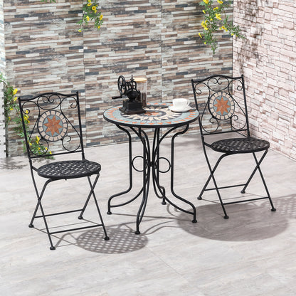 Outsunny 3 Piece Garden Bistro Set, Folding Patio Chairs，Ceramic Tiles Tabletop for Outdoor, Balcony, Poolside, Light Blue