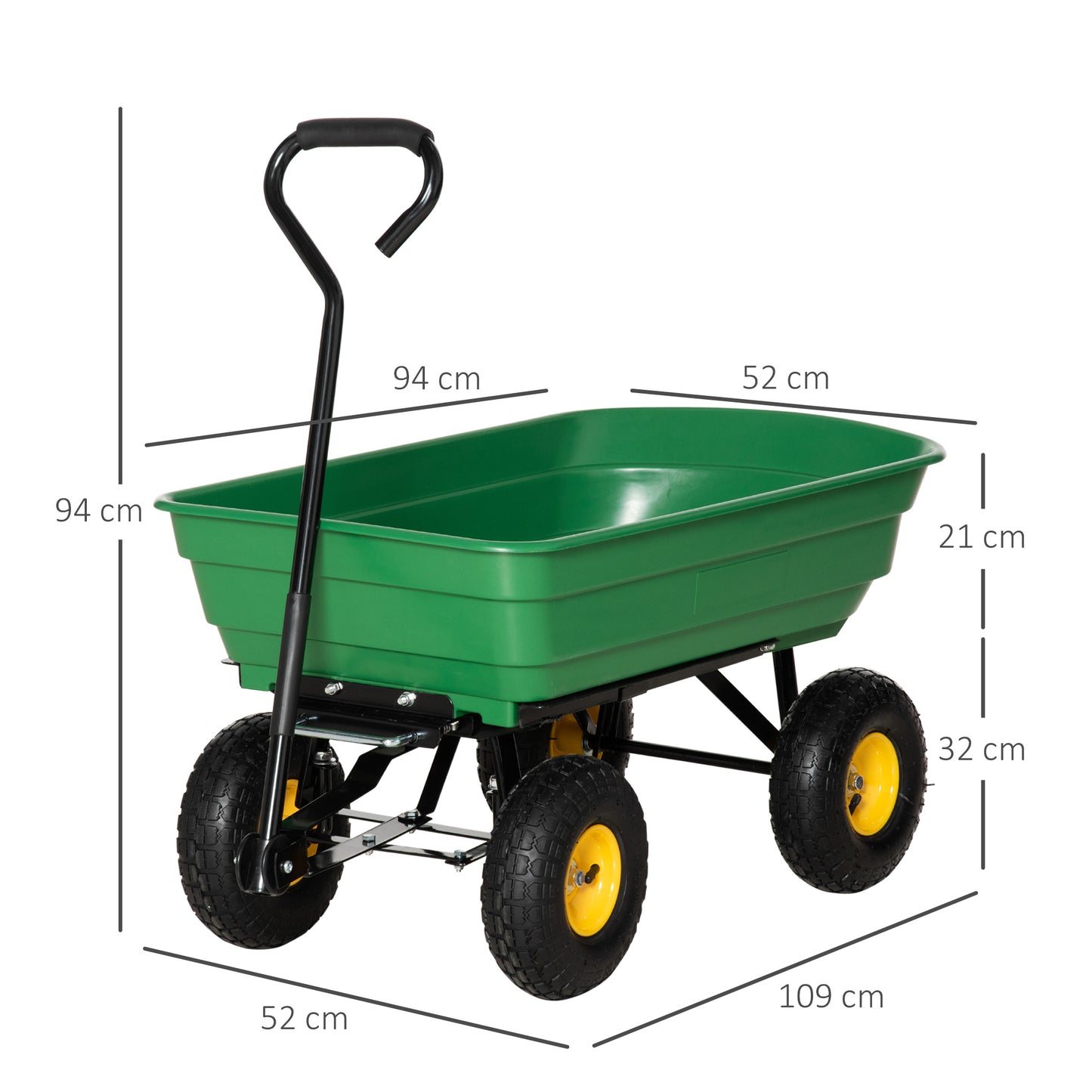 Outsunny 75 Litre Large Garden Cart Heavy Duty 4 Wheel Trolley Dump Wheelbarrow Tipping Truck Trailer - Green