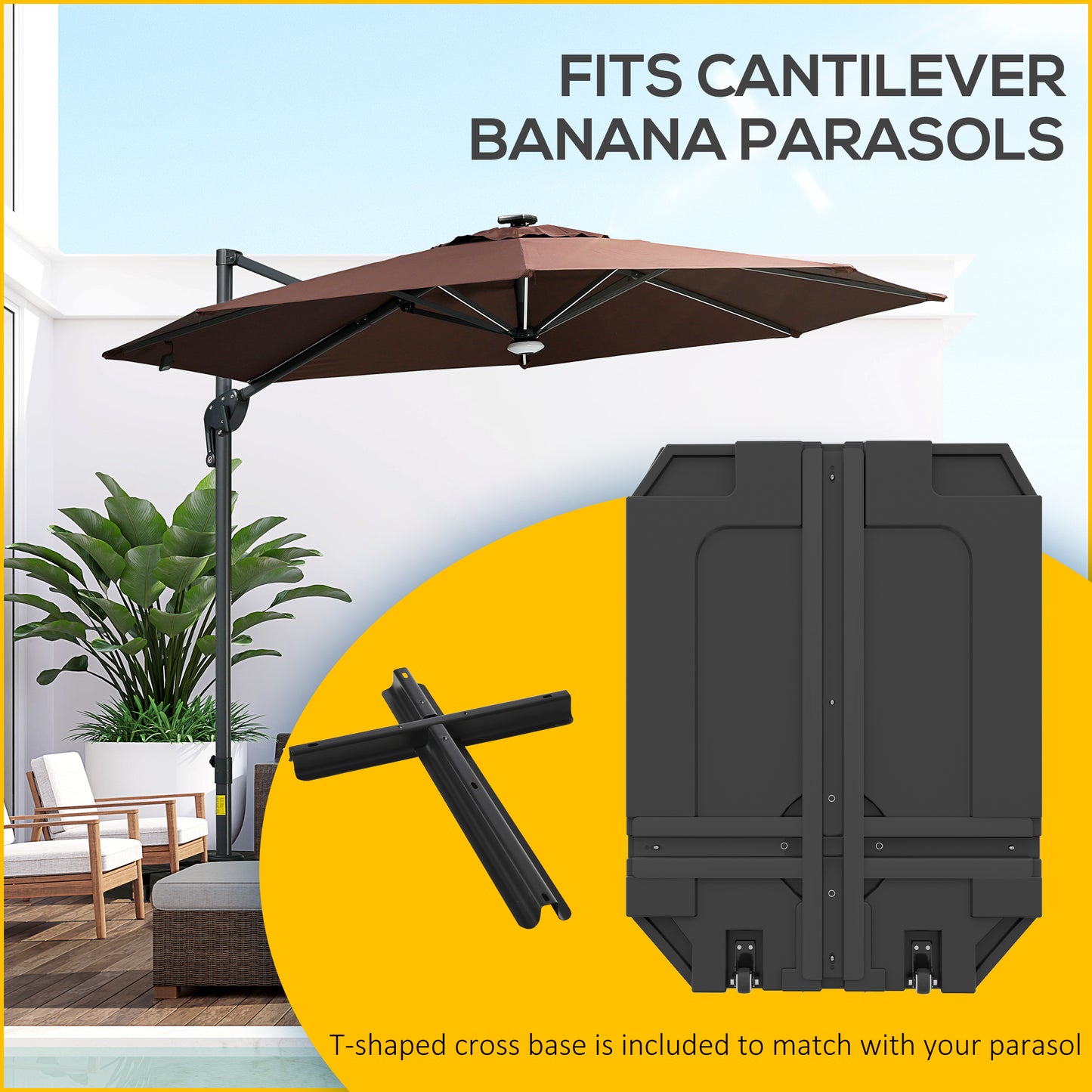 Outsunny Parasol Base Plastic Umbrella Stand for Cantilever Parasol with Wheels, Heavy Duty Umbrella Stand, Water/Sand Filled