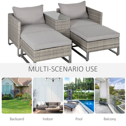 Outsunny 2 Seater Patio Rattan Wicker Sofa Set Chaise Lounge Double Sofa Bed Furniture w/ Coffee Table & Footstool for Patios, Garden, Backyard, Grey