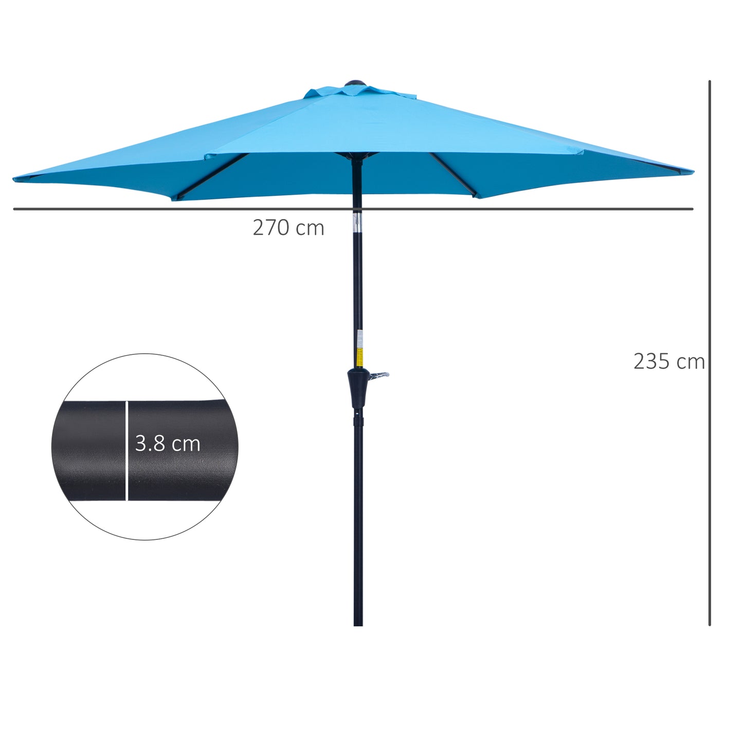 Outsunny 2.7M Patio Tilt Umbrella Sun Parasol Outdoor Garden Sun Shade Aluminium Frame with Crank（Blue）