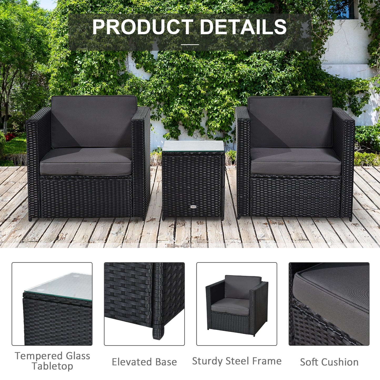 Outsunny 3 pcs PE Rattan Garden Furniture Patio Bistro Set Weave Conservatory Sofa Table and Chairs Set Black