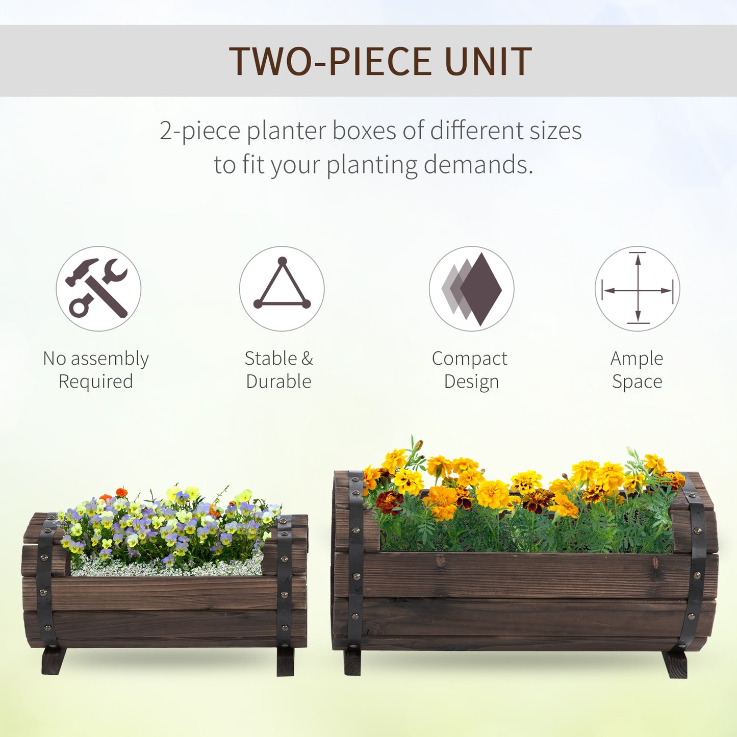 Outsunny Wooden Planters: Durable Carbonized Finish for Indoor & Outdoor Floral Displays, Set of 2