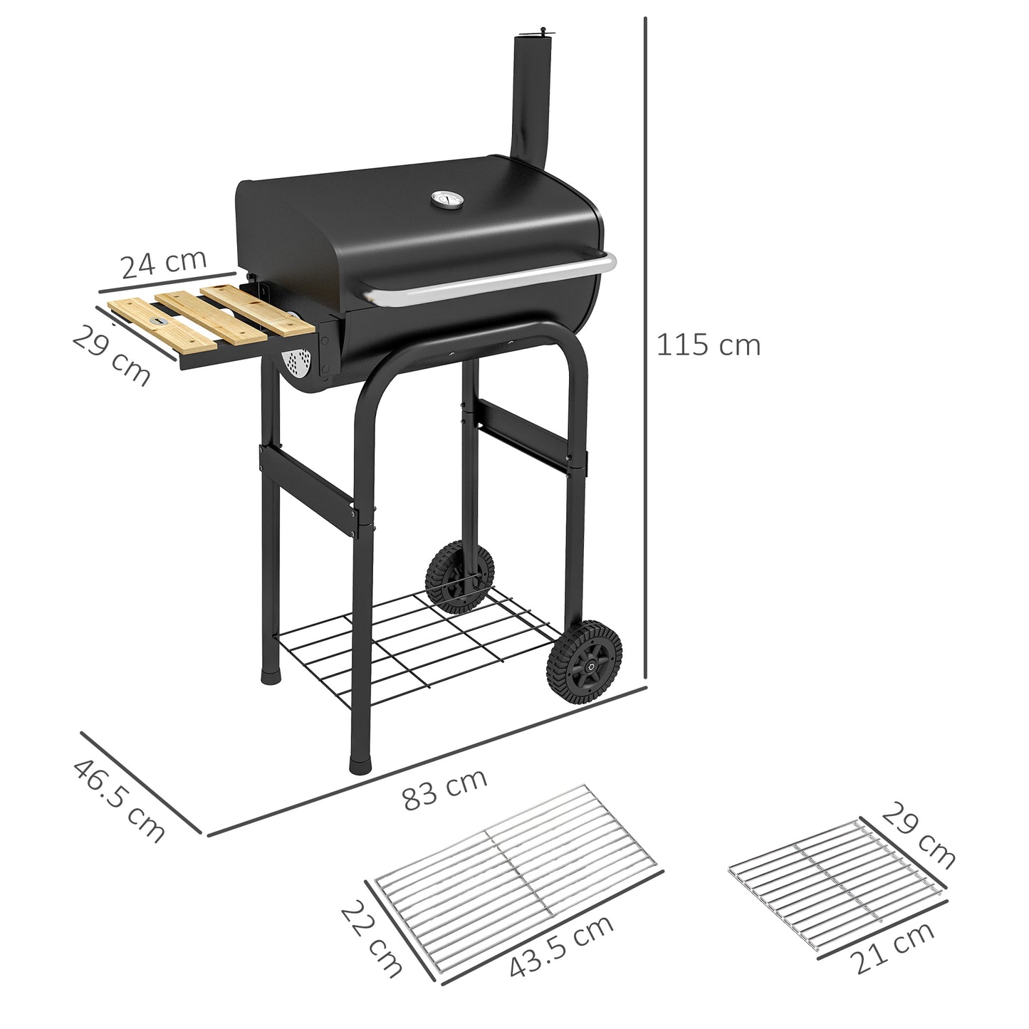 Outsunny Outdoor Wheeled Charcoal Barbecue Grill Trolley with Shelves, Black