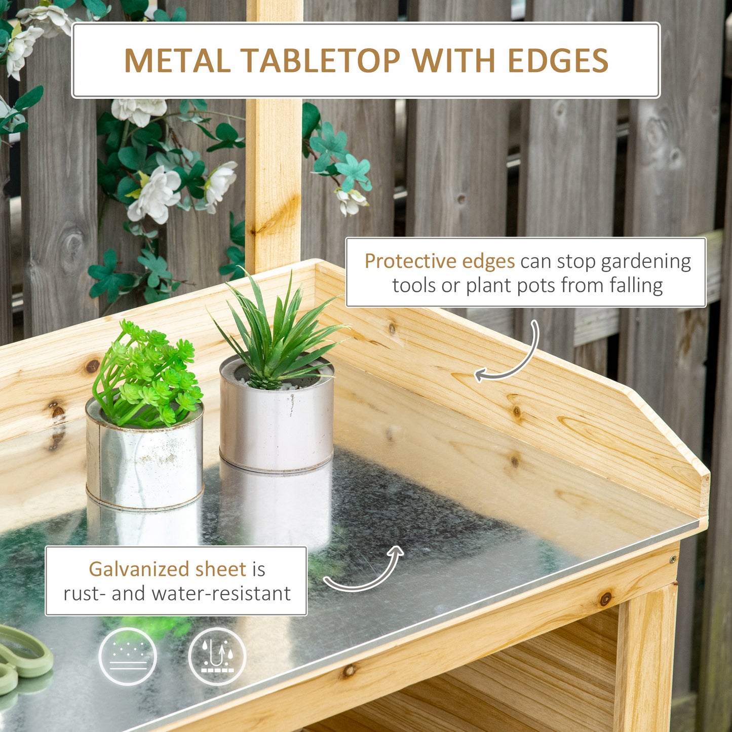 Outsunny Garden Potting Bench Table, Wooden Workstation Bench w/ Galvanized Metal Tabletop, Storage Shelves and Hooks, Natural