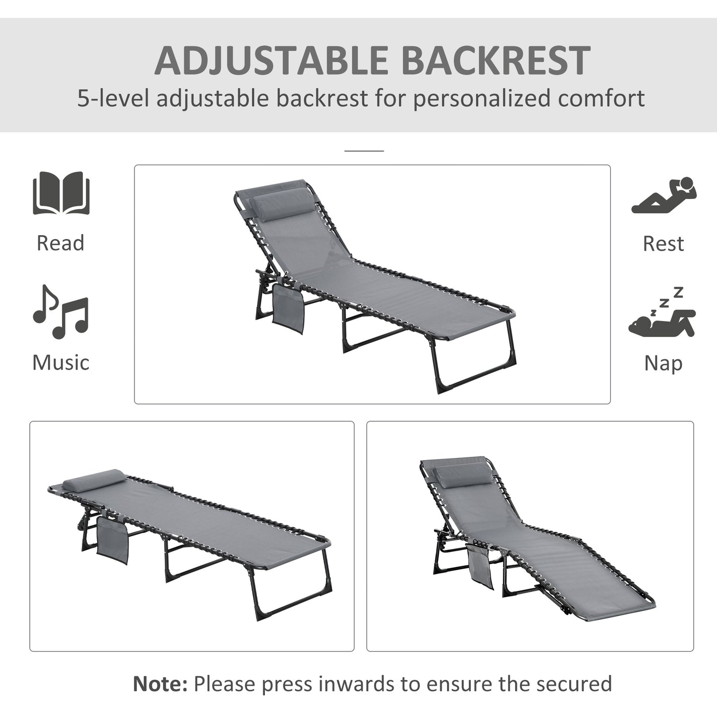 Outsunny Portable Sun Lounger Set of 2, Folding Camping Bed Cot, Reclining Lounge Chair 5-position Adjustable Backrest with Side Pocket, Pillow for Patio Garden Beach Pool, Grey