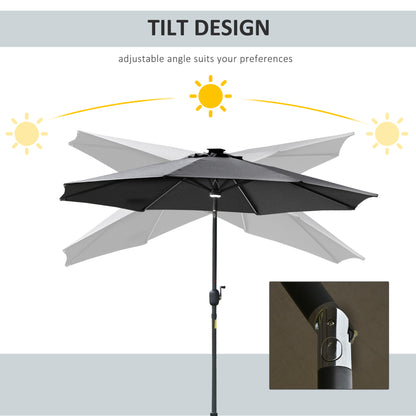 Outsunny 2.7m Garden Parasol Sun Umbrella Patio Summer Shelter w/ LED Solar Light, Angled Canopy Vent, Crank Tilt, Grey