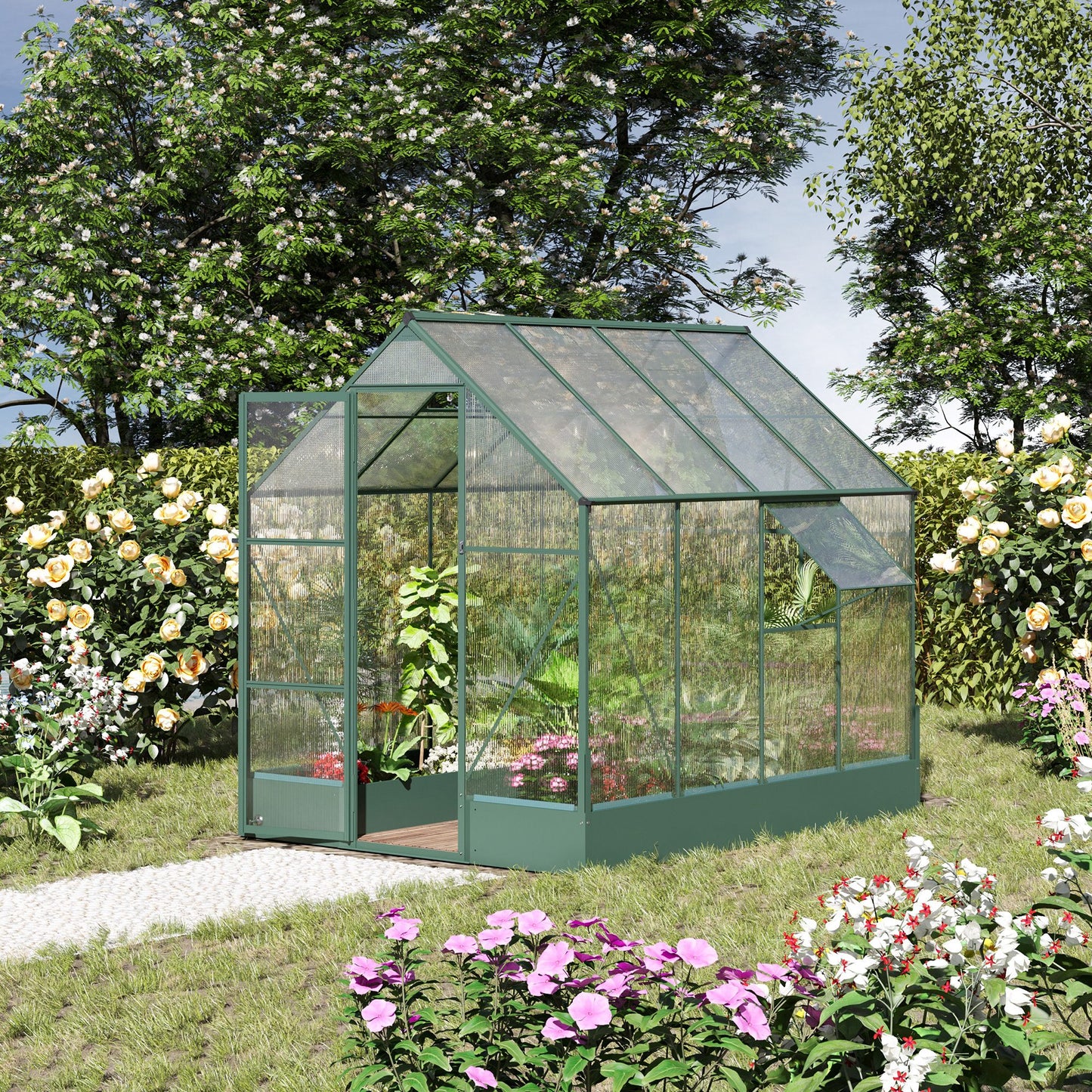Outsunny Garden Walk-in Aluminium Greenhouse Polycarbonate with Plant Bed ,Temperature Controlled Window, Foundation, 6 x 8ft