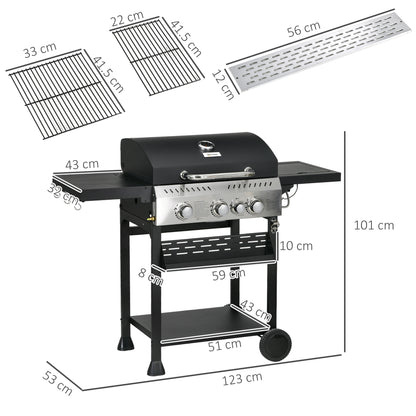 Outsunny Galvanised Steel 3+1 Gas Burner BBQ Grill Trolley, Black