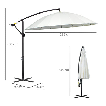 Outsunny 3(m) Cantilever Shanghai Parasol Garden Hanging Banana Sun Umbrella with Crank Handle, 18 Sturdy Ribs and Cross Base, Off-White