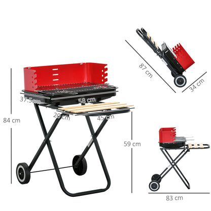 Outsunny BBQ Grill Charcoal Barbecue Grill Garden Foldable BBQ Trolley w/ Windshield, Wheels, Side Trays, Red/Black