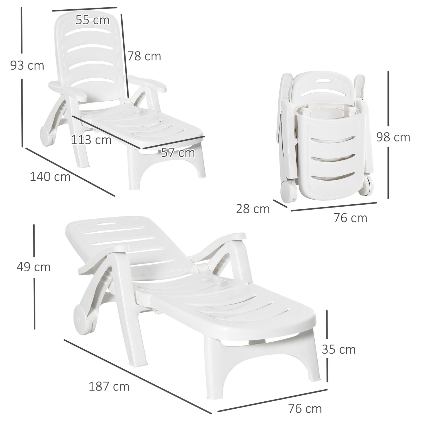 Outsunny 2PCs Outdoor Folding Sun Lounger Recliner on Wheels w/ 5-Position Backrest, White