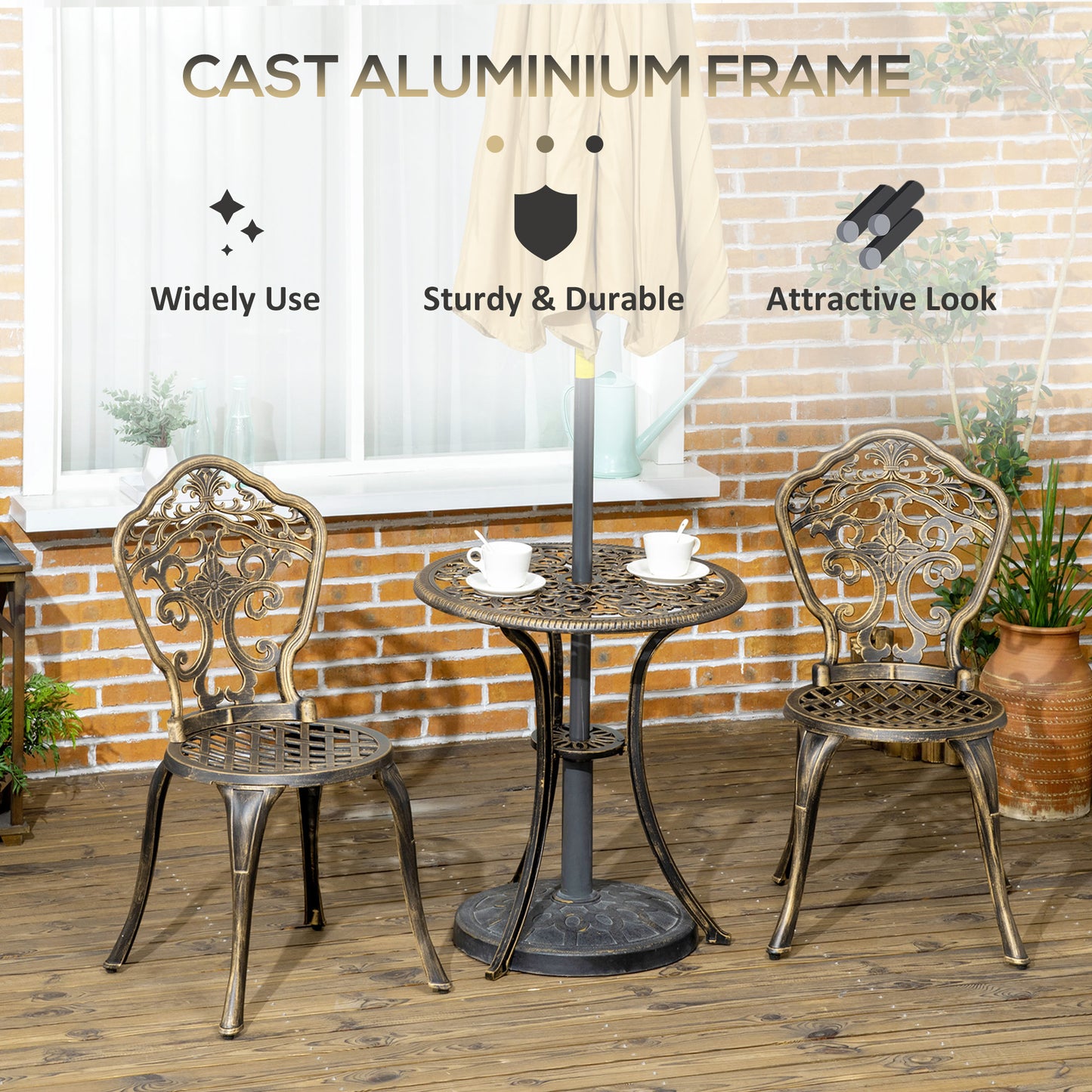 Outsunny 3 Piece Cast Aluminium Garden Bistro Set for 2 with Parasol Hole, Outdoor Coffee Table Set, Two Armless Chairs and Round Coffee Table