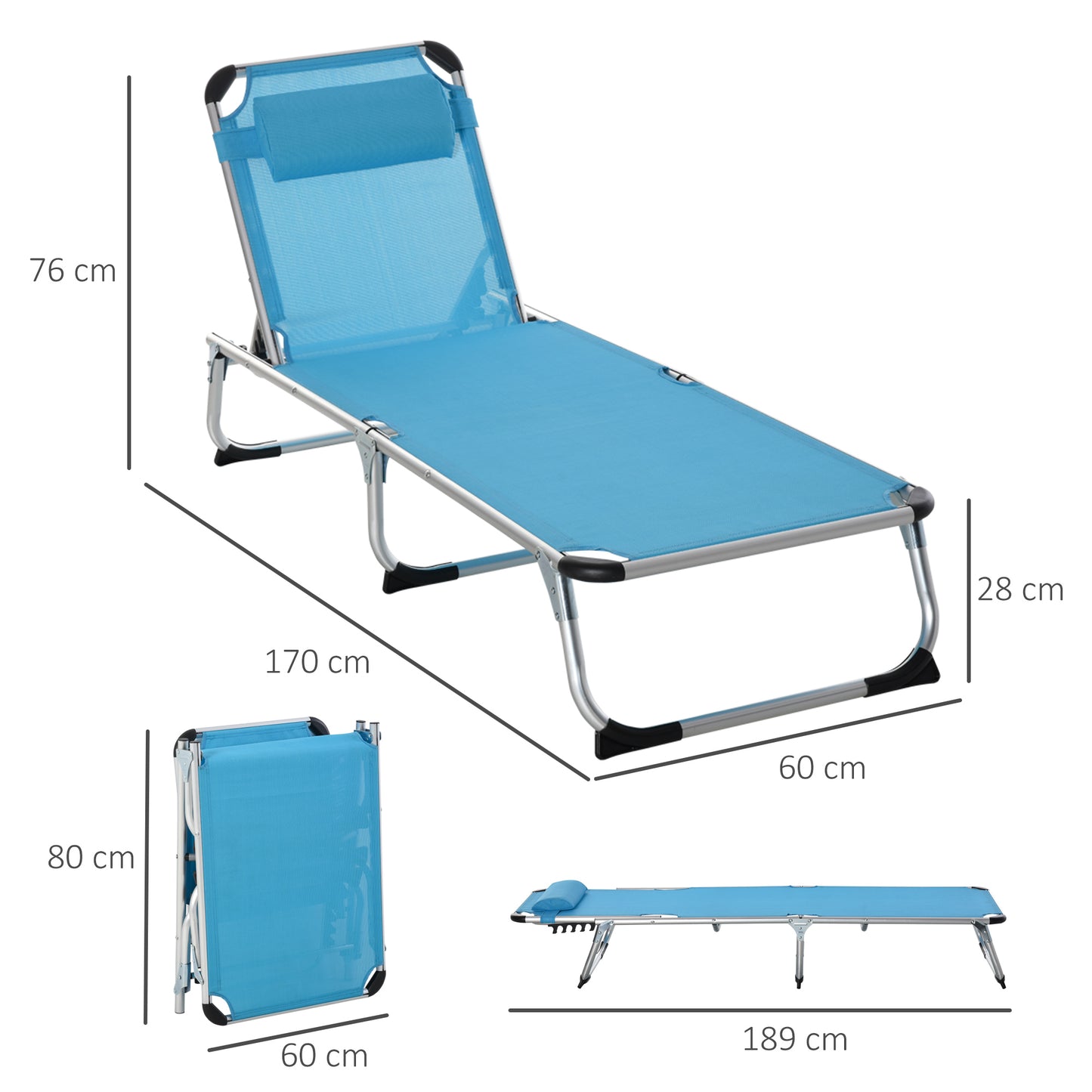 Outsunny Foldable Sun Lounger with Pillow, 5-Level Adjustable Reclining Lounge Chair, Aluminium Frame, Blue