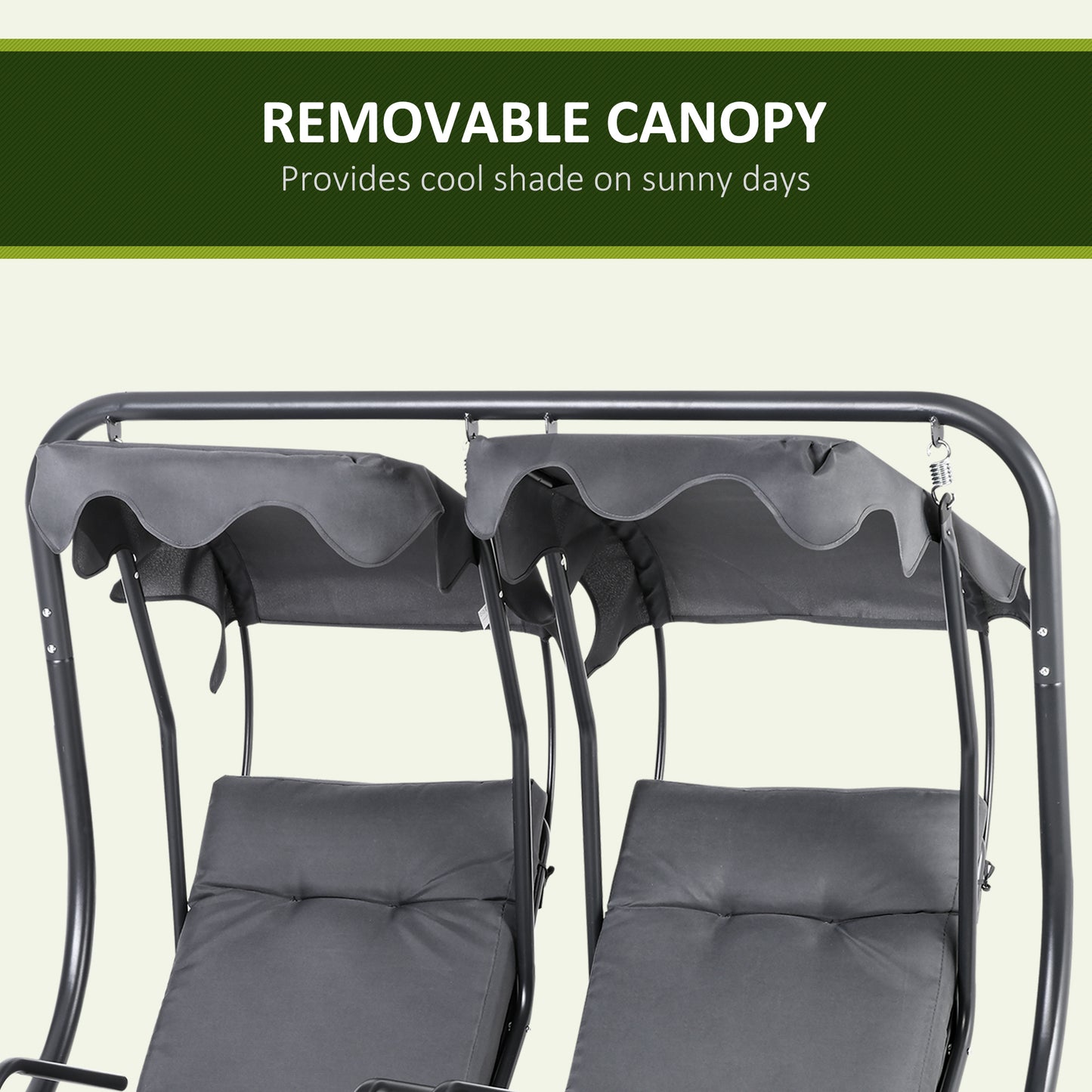Outsunny Canopy Swing Modern Outdoor Relax Chairs w/ 2 Separate Chairs, Cushions and Removable Shade Canopy, Grey