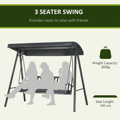 Outsunny 3-Seat Garden Swing Chair, Outdoor Canopy Swing with Removable Cushion, Adjustable Shade, and Slatted Bench, for Porch, Poolside, Dark Grey
