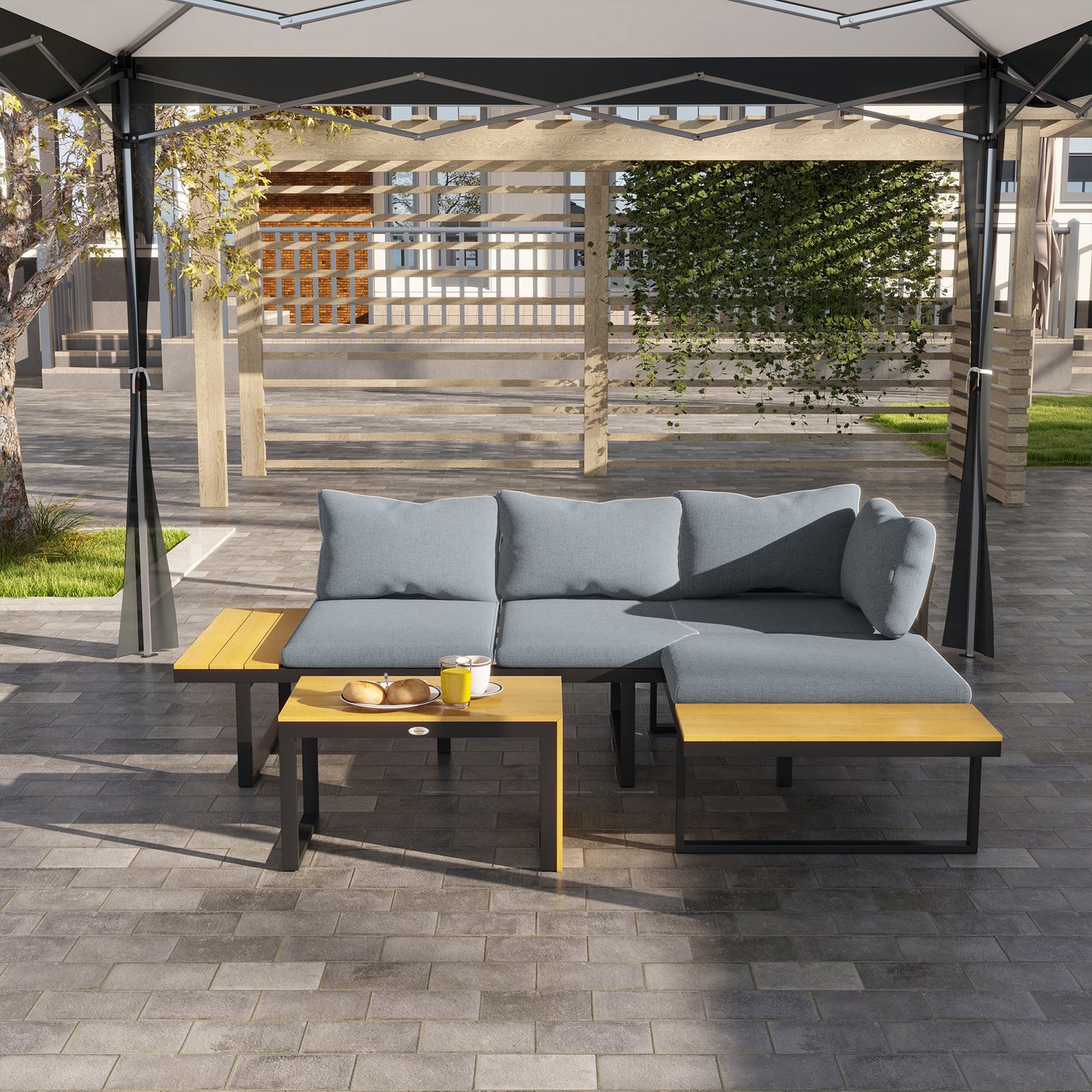 Outsunny 4-Seater Garden Sofa Set Patio Conversation Set w/ Padded Cushions, Wood Grain Plastic Top Table and Side Panel, Dark Grey