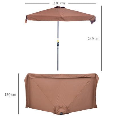 Outsunny 2.3m Patio Semi Round Half Parasol Umbrella with Metal Frame Crank Handle for Balcony- NO BASE INCLUDED, Brown