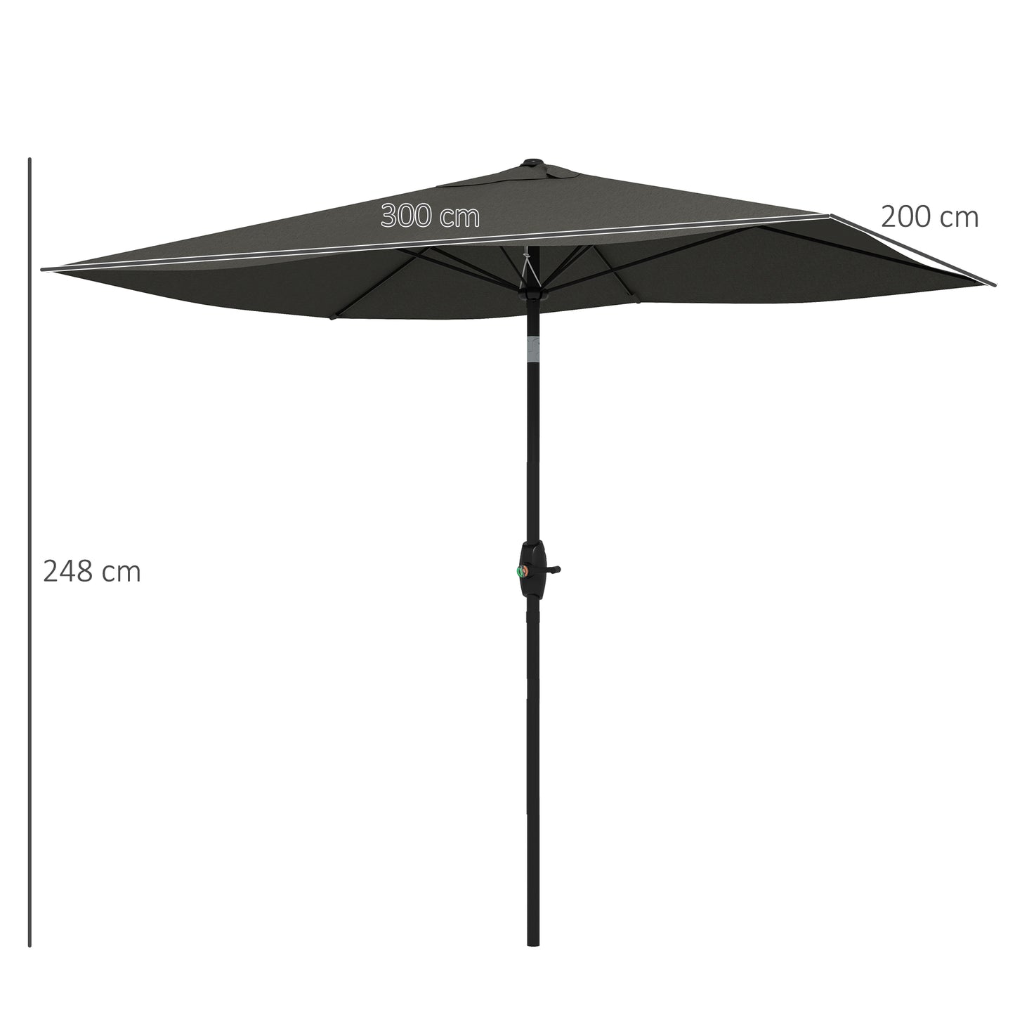 Outsunny 2 x 3(m) Garden Parasol Umbrella, Rectangular Outdoor Market Umbrella Sun Shade with Crank & Push Button Tilt, 6 Ribs, Aluminium Pole