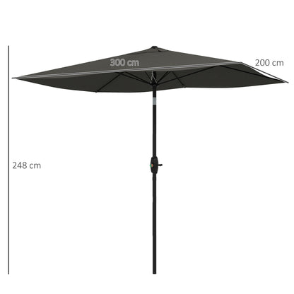 Outsunny 2 x 3(m) Garden Parasol Umbrella, Rectangular Outdoor Market Umbrella Sun Shade with Crank & Push Button Tilt, 6 Ribs, Aluminium Pole