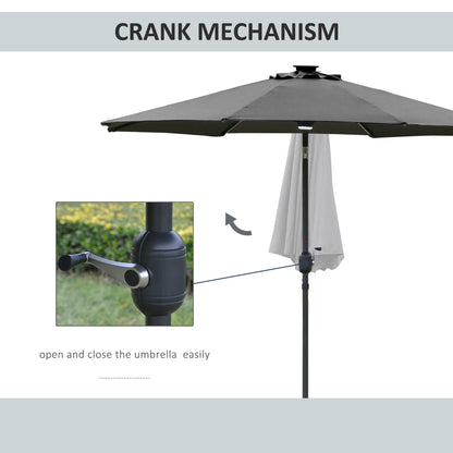 Outsunny 2.7m Garden Parasol Sun Umbrella Patio Summer Shelter w/ LED Solar Light, Angled Canopy Vent, Crank Tilt, Grey