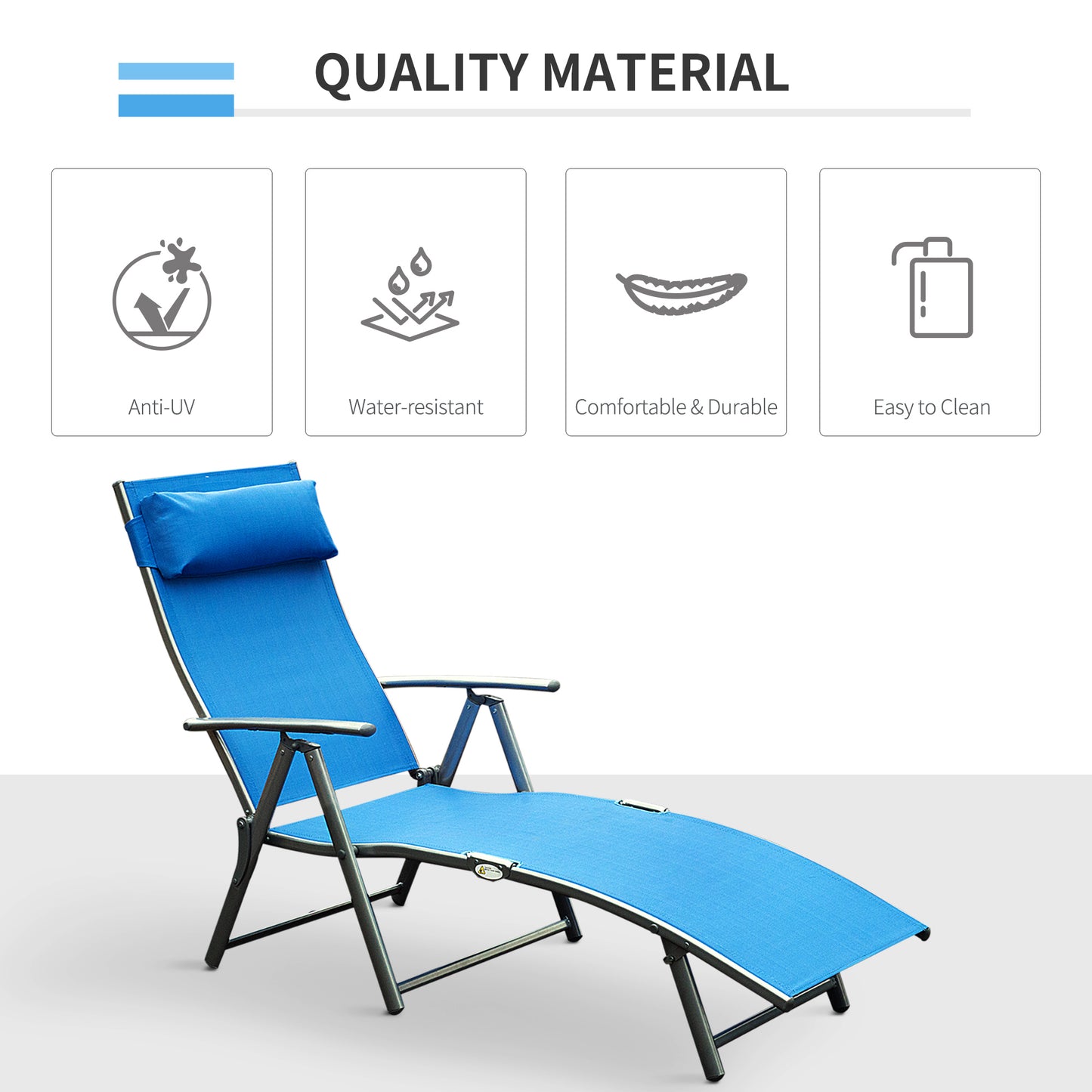 Outsunny Sun Lounger Steel Frame Outdoor Folding Chaise Texteline Lounge Chair Recliner with Headrest & 7 Levels Adjustable Backrest, Blue