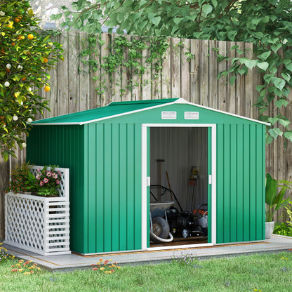 Outsunny Lockable Garden Shed Large Patio Tool Metal Storage Building Foundation Sheds Box Outdoor Furniture (9 x 6 FT, Green)