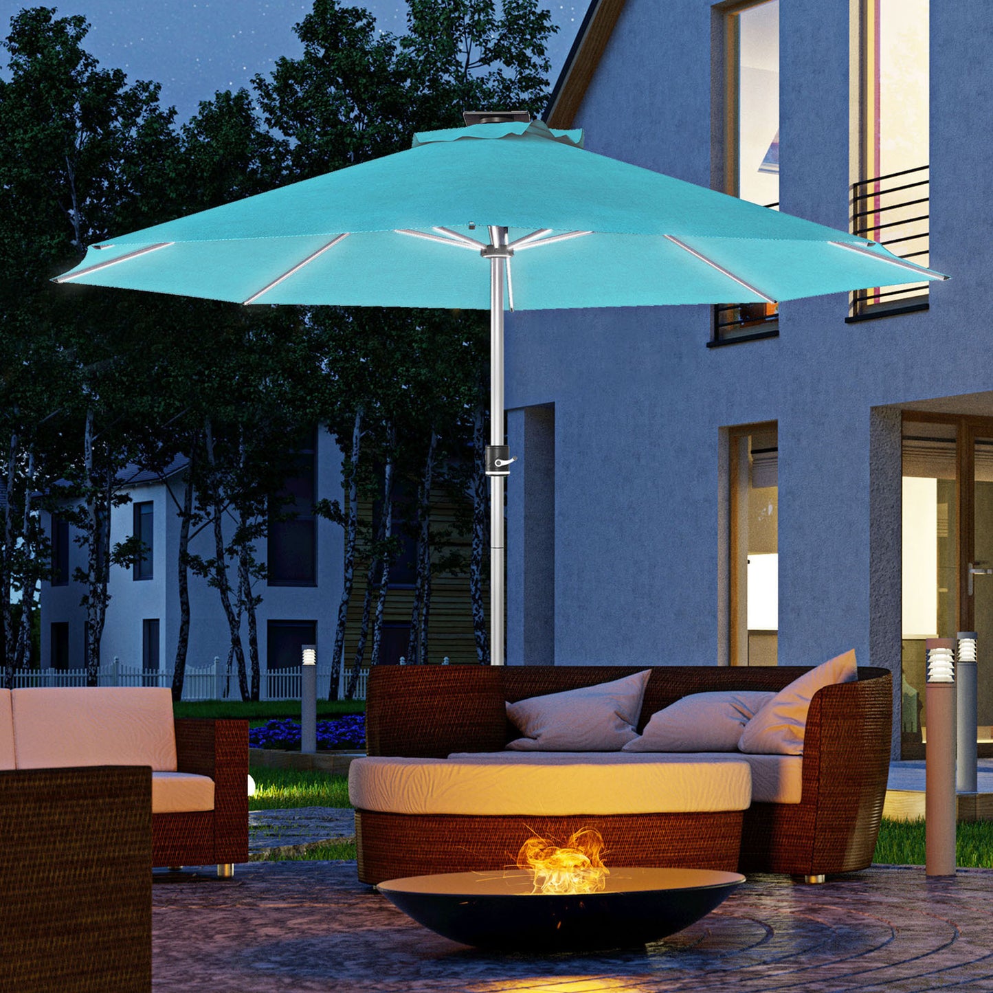 Outsunny LED Patio Umbrella, Lighted Deck Umbrella with 4 Lighting Modes, Solar & USB Charging, Blue