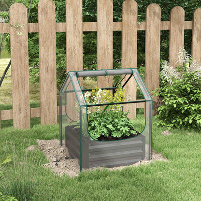 Outsunny Raised Planter Box with Greenhouse Cover, Metal Garden Bed for Vegetables and Herbs, Clear/Dark Grey