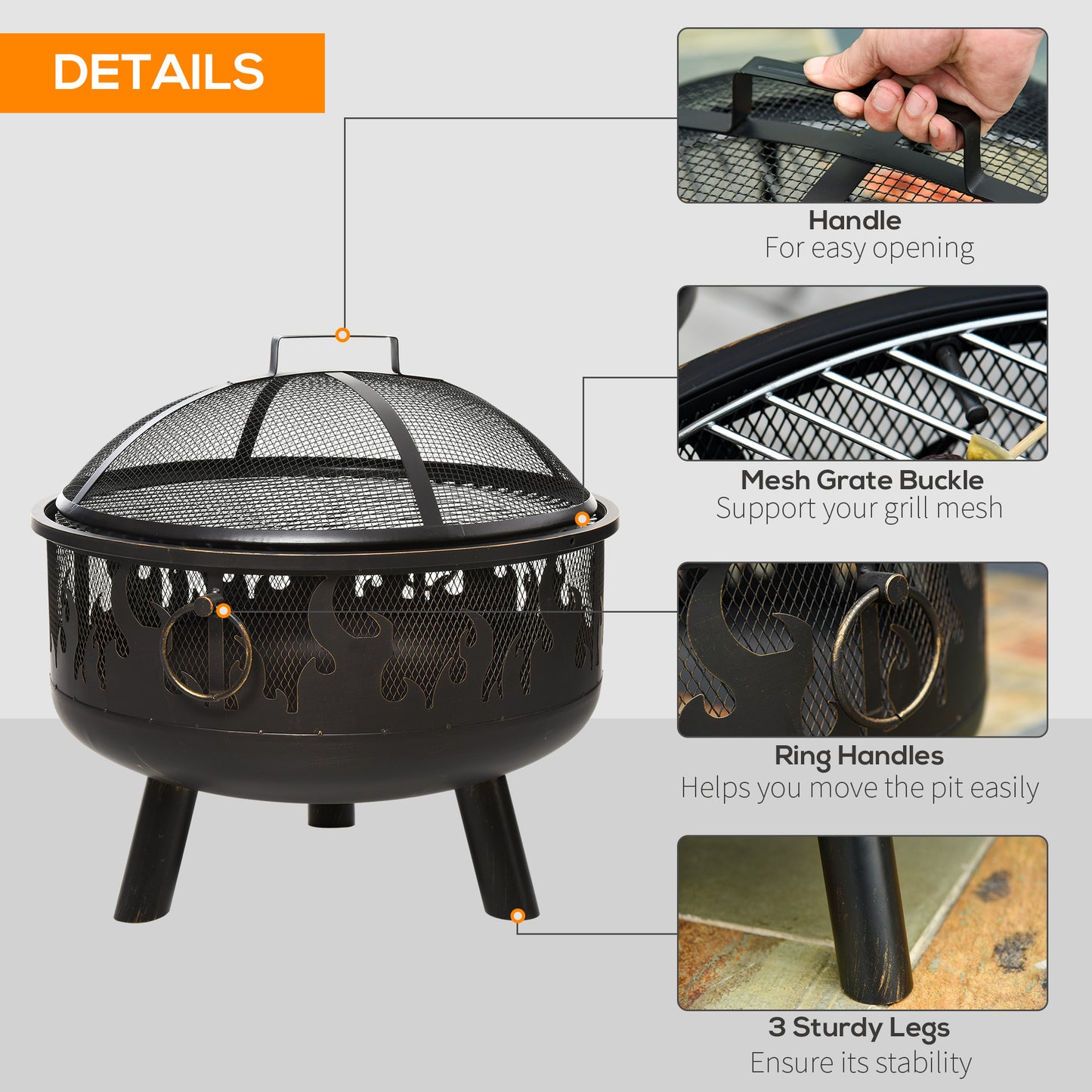 Outsunny 2-in-1 Outdoor Fire Pit with Cooking Grate Steel BBQ Grill Bowl Heater with Spark Screen Cover, Fire Poker for Backyard Bonfire Patio